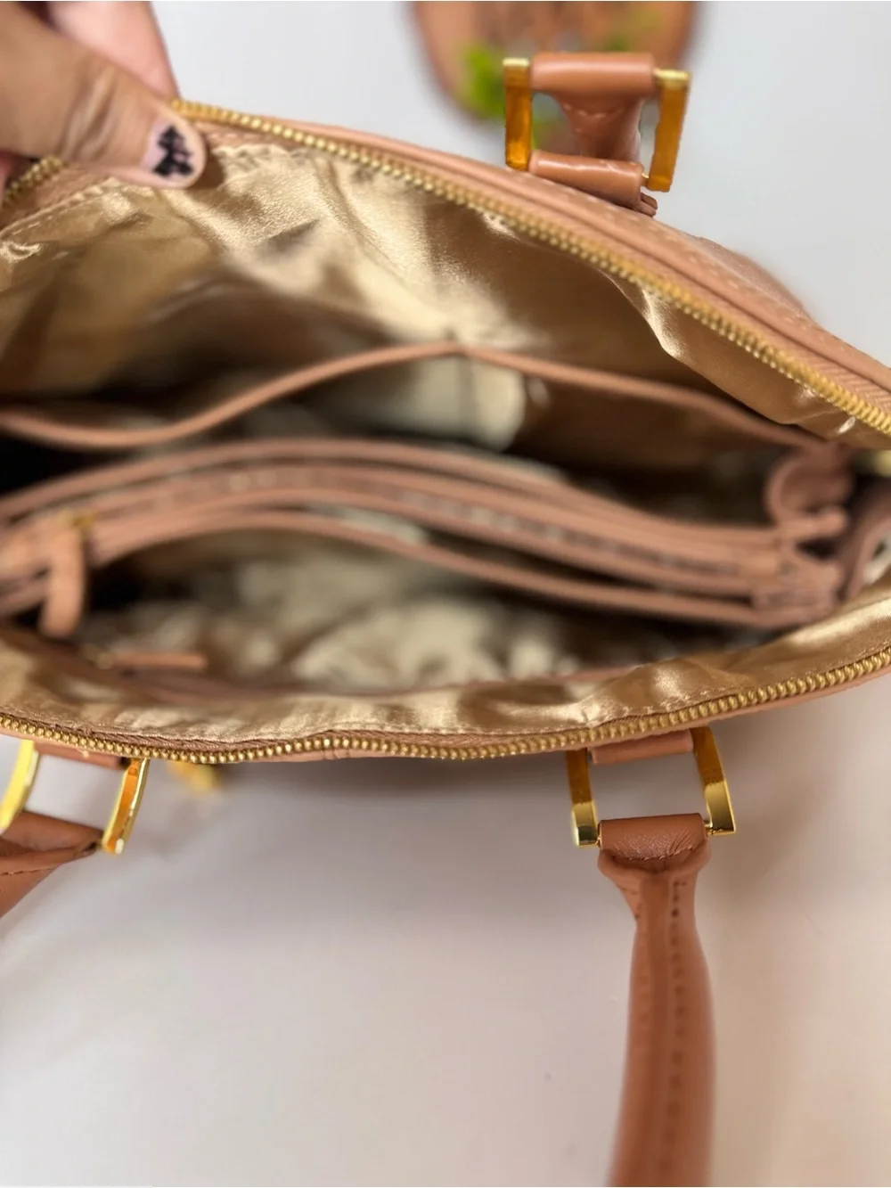 Joy & Iman Peach-Tan Dome Satchel with Gold Hardware